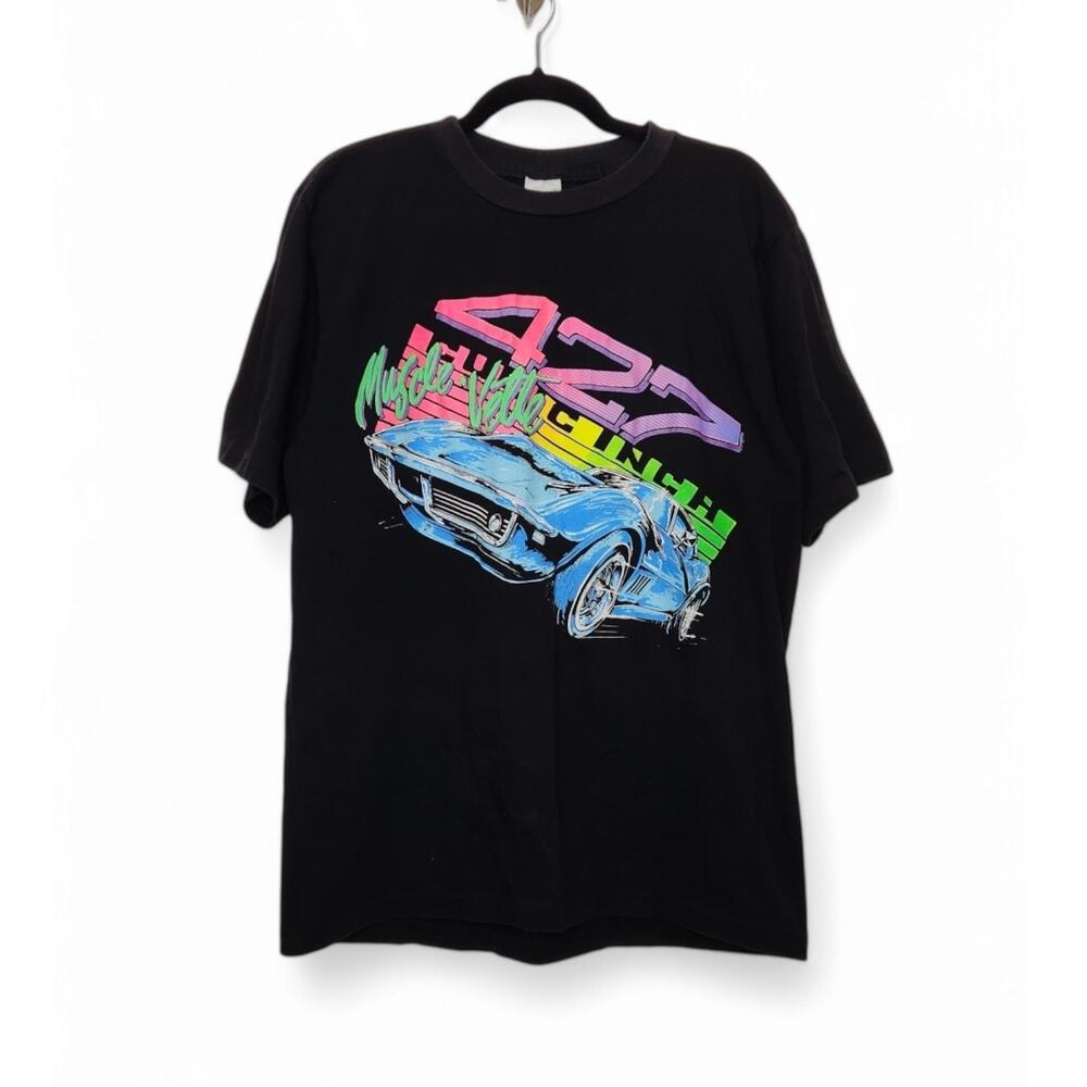 Vintage Corvette 427 Single Stitch Alore XL Black Car Auto Shirt VTG 90s Neon